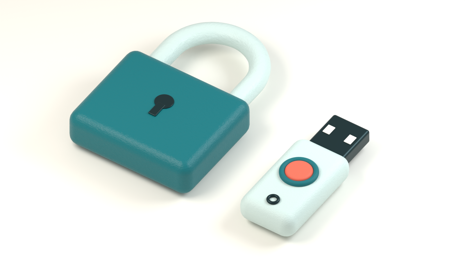 A teal ceramic padlock beside a physical security key with a coral touch button.